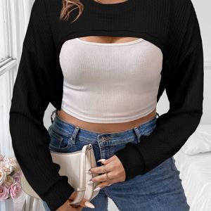 TEMU 새로운 유럽과 아메리카 플러스 사이즈 여성 캐주얼 패션 우아한 단색 홀로우 니트 탑