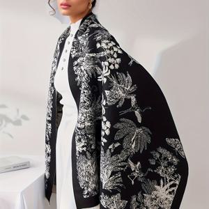 TEMU 우아한 여성용 플로랄 프린트 케이프 숄 - 가을/겨울용 따뜻한 민소매 랩, 블랙 & 화이트 폴리에스터 디자인, 다양한 스타일링 가능, 손세탁 또는 드라이클리닝