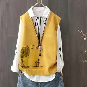 TEMU 여성용 베스트 - V넥 플로랄 자카드 디자인, 옐로우 & 블랙-화이트 대비, 사계절 중간 스트레치 민소매 탑, 캐주얼부터 포멀까지 레이어링 가능, 슬리브리스 조끼, 청소년 스타일의 V넥 디자인, 다목적 의류, 편안한 핏, 패션 여성용