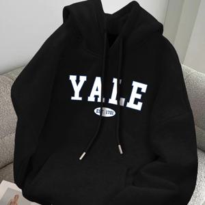 TEMU YALE EST 1701 남성용 캐주얼 후드티 - 포근한 폴리에스터, 글자 프린트와 포켓, 캥거루 포켓, 세탁기 사용 가능 - 가을/겨울에 완벽함