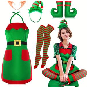 TEMU 크리스마스 엘프 의상 액세서리 세트 여성용, 5pcs 파티 의상 키트 앞치마, 엘프 모자, 신발 커버, 줄무늬 레깅스, 엘프 귀, 벨 디테일, 폴리에스터 및 스판덱스 블렌드, 손세탁 - 축제 휴일 파티 웨어