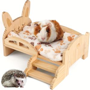 TEMU 나무 침대, 계단, 아늑한 작은 동물 쿠션 침대, 분리 가능한 작은 애완 동물 집, 기니 토끼, 치즈, 햄스터, 페럿을 위한 거주지