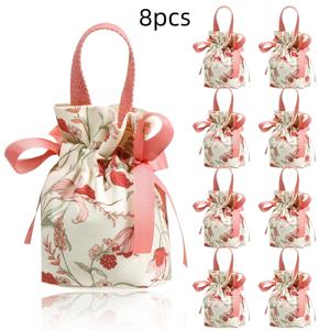 TEMU 8개 빈티지 플로럴 선물 가방 세트 - 봄 & 여름 축하, 부활절, 생일, 어머니의 날, 결혼식, 신부 샤워, 보석 포장용 핑크 끈 캔버스 파우치