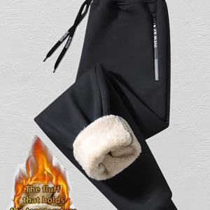 TEMU 남성용 기모 안감 따뜻한 바지, 롱 존, 스판덱스, 단색, 니트 원단, 약간의 스트레치, 루즈핏, 드로스트링, 160G/M², 겨울 시즌