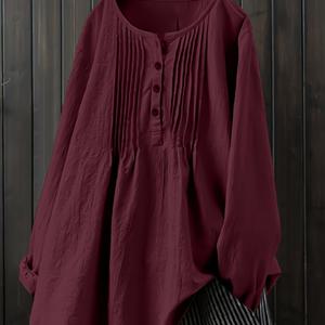 TEMU 여성 가을 의류, 가을 의류, 겨울 여성 의류, 가을 패션, 크리스마스 신상, 할로윈 의상, 라운드넥 플리츠 디테일링의 자유로운 긴팔 셔츠, 통기성 좋은 흡습성 원단, 봄, 여름, 가을, 겨울을 위한 다용도 캐주얼 버튼업 탑