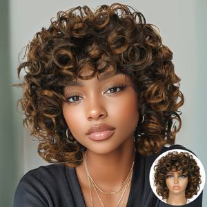 TEMU 아프로 컬리 가발 플러피 웨이비 빅 바운시 앞머리 포함 루즈 큐트 컬리 플러피 컬리 가발 숏 컬리 가발 블랙/브라운/그레이 열에 강한 합성 가발 여성용 코스프레 파티 어머니날 크리스마스 선물
