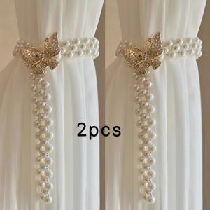 TEMU 2-팩 글램 스타일 조절 가능한 스트레치 커튼 끈, 골든 및 화이트 페이크 펄, 메탈 소재, 홈 데코, 거실, 침실 창 드레이프 액세서리