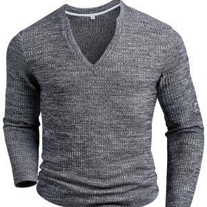 TEMU 남성용 슬림핏 V넥 헨리 셔츠 - 다크 그레이/블랙 가로 줄무늬, 신축성 있는 긴팔 칼라 버튼 없는 재킷 스타일 탑, 캐주얼 & 스마트 캐주얼 착용, 세탁기 사용 가능한 봄