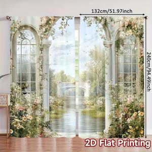 TEMU 2D 평면, 2개, 2D 평면 프린팅 커튼&드레이프 프렌치 가든 기계 세탁 가능 폴리에스터 (막대기 없음, 움직임 없음, 배터리 없음) 주방 거실 사무실 침실 홈 , 2D 평면