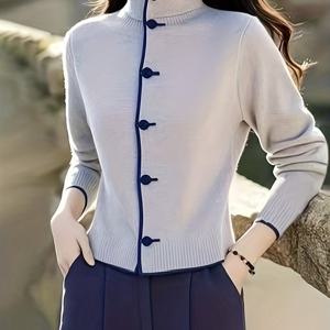 TEMU 여성용 아시안 스타일 만다린 칼라 가디건 - 라이트 그레이 버튼 프론트 긴팔 봄 스웨터, H라인 디자인, 세탁기 사용 가능, 캐주얼 & 오피스웨어, 사이드 타이, 우아한 디자인