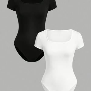 TEMU 여성용 반팔 스퀘어넥 점프수트 2개 - 풀사이즈 바디슈트와 삼각형 속옷, 단색 운동복 (헬스, 요가, 댄스용) | 세탁기 사용 가능 & 편안한 원피스 수영복 (물놀이용)