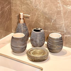 TEMU 럭셔리 욕실 정리 및 수납 세트, 빈티지 화이트 세라믹 병 포함 다섯 피스 브러시드 마감 화장품 키트, 칫솔컵, 린스컵, 비누받침, 홈 욕실용