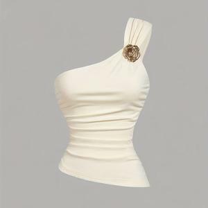 TEMU 여성용 살구색 골든 브로치 싱글 숄더 캐미솔 탑 - 반짝이는 비대칭 러치드 헴 숏 파티 드레스, 웨딩, 프롬, 이브닝 아웃핏을 위한 X-라인 블라우스, 봄 여름 가을 우아한 스페셜 라인 (패딩 없음) - 손세탁/드라이클리닝 관리