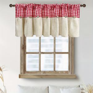 TEMU 1개 클래식 레드 체크 무늬 스티칭 디자인 짧은 커튼, 미국 컨트리 빈티지 버클 디자인 주방 커튼, 로드 포켓 탑 커피 커튼, 식당용 소형 창문 1패널