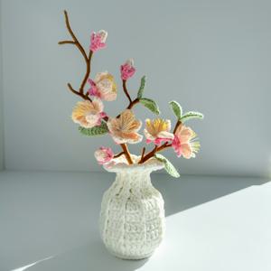 TEMU 수제 후크된 복숭아꽃과 살구꽃 화분 | 거실용 탁상 장식, 부활절, 어버이날, 졸업 선물로 이상적, 폴리에스터 소재, 비전기식