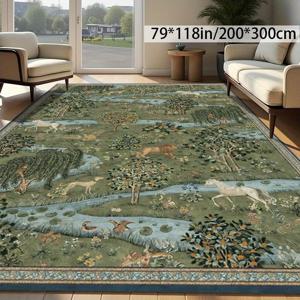 TEMU 대형 70x118인치 그린 핸드페인트 식물 모던 에어리어 매트 - 미끄럼 방지, 세탁기 사용 가능, 부드러운 벨벳 질감, 실내외 사용 가능한 홈 데코용, 소파, 커피 테이블, 침실, 다이닝 및 캠핑용 장식 바닥 매트 | 생동감 있는 풍경 매트 | 미끄럼 방지 백킹, 거실용 러그