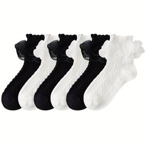 TEMU 6 쌍의 소녀 양말 레이스 러플 통기성 편안한 춤 추는 어린이 아기 검은색 흰색 레이스 공주 양말