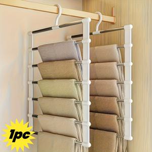 TEMU 공간 절약형 접이식 스테인리스 바지 걸이 - 다층 화이트 플라스틱 청바지 정리대, 타이트 & 캐주얼웨어용, 소매 디스플레이 랙, 옷장 수납 솔루션, 의류 정리 보관함|바지걸이