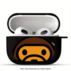 TEMU 세련된 오리지널 원숭이 디자인 블랙 투명 내구성 플라스틱 이어폰 케이스 (AirPods 4/3/2/PRO 2 호환), 분실 방지 끈 포함, 편안한 소프트 내부 보호 커버, 남녀 모두에게 적합, 이어폰 케이스 | 스타일리시 이어폰