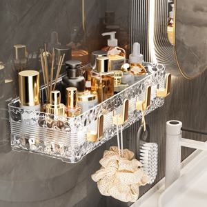 TEMU 1개 럭셔리 벽걸이 욕실 선반 - 드릴 필요 없는 리플 디자인 플라스틱 수납 랙, 세면도구, 샴푸 및 목욕 필수품용, 화이트 & 골든 마감, 모던 미니멀리스 스타일|화장실선반