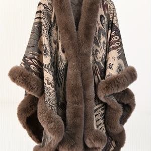 TEMU 여성용 우아한 황새 케이프 - 부드러운 인조 모피 트림이 있는 긴 민소매 겨울 코트, 가을 & 겨울용 세탁기 사용 가능 따뜻함, 겨울 의류, 시즌 패션, 빈티지 디자인, 스타일리시한 아우터, 패션 애호가