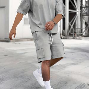 TEMU 남성용 캐주얼 스포츠 상하의 세트 - 연한 파랑, 반팔, 끈 허리, 레귤러 핏, 단색, 야외 활동, 러닝, 하이킹, 낚시 및 캐주얼 의상에 완벽, 캐주얼 스타일|스트레치 원단