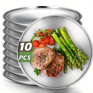 TEMU 10개 스테인리스 스틸 럭셔리 디너 플레이트 세트, 파스타 스테이크 디저트 샐러드용 접시, 쌓을 수 있고 쉽게 청소할 수 있으며 깨지지 않는 주방 레스토랑 호텔 식당 케이터링 서비스 서빙 접시 9.06 인치 실버