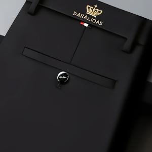 TEMU 남성용 고탄력 주름방지 크라운 장식 드레스 팬츠 - 버튼 클로저 지퍼 프론트, 하이웨이스트 레그 비즈니스 수트 바지, 사계절 착용 가능한 세탁기 사용 가능|냉장고바지|남자바지|바지