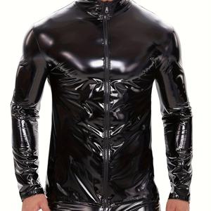 TEMU 남성용 섹시한 인조 가죽 하이넥 자켓 - 광택 있는, 몸에 딱 맞는, 지퍼로 닫힌, 우아한 모든 계절의 상의, 캐주얼 및 야외 의상, 캐주얼 의상 자켓|광택 있는 자켓|지퍼 자켓