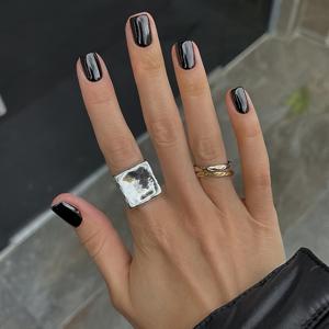 TEMU 미러 메탈 블랙 프레스온 네일 - 크롬 글레이즈 쇼트 젤 네일, 블링 샤이 플레팅, 여성용 재사용 가능한 두꺼운 네일 - 접착제로 붙이는 네일