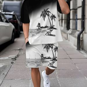 TEMU 남성용 프린트 반팔 티셔츠 & 숏팬츠 세트 캐주얼 스포츠 아웃핏 통기성 여름용 3D 프린트 성인 남성 5피스 수트