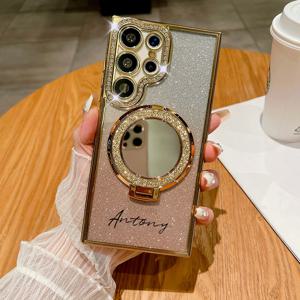TEMU DIY 맞춤형 이름 반짝이 미러 스탠드 폰 케이스 - 삼성 갤럭시 S25 울트라 S24 울트라 S23 울트라 S22 울트라 호환