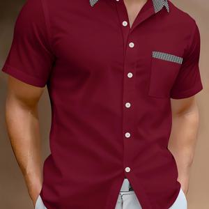 TEMU 남성용 슬림핏 경량 비즈니스 캐주얼 셔츠, 칼라와 반팔, 가슴 포켓 포함 - 베이지색 여름 착용용 그레이 악센트