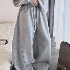 TEMU 여성용 하이웨이스트 Y2K 스타일 조깅복 - 드로스트링이 있는 라이트 그레이 레그 스웨트팬츠, 폴리에스테르, 캐주얼한 착용을 위한 편안한 핏, 올시즌 바지 | Y2K 패션 | 광택이 있는 바지|냉장고바지|옷|바지