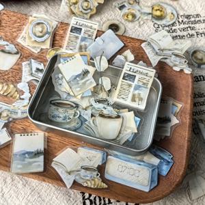 TEMU 1 박스 100개의 레트로 커피 책 알람 시계 PET 스티커 장식 핸드 계정 재료 철 박스 스티커