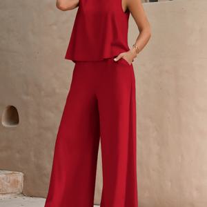 TEMU 여성용 솔리드 컬러 민소매 캐주얼 여름 탱크탑 & 와이드 레그 팬츠 2피스 세트