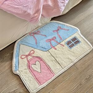 TEMU 1pc 귀여운 집 모양의 미끄럼 방지 욕실 매트 - 매우 부드럽고 물을 흡수하는 부드러운 러그, 핑크 지붕과 노란 리본 디자인, 홈 데코, 침대 옆, 문 앞, 유아용 데코 매트 | 장식용 바닥 매트 | 플러시 폴리에스테르 러그, 욕실 매트