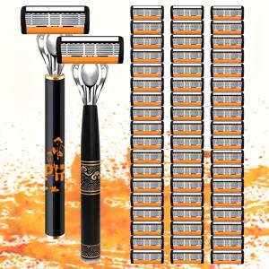 TEMU 고품질 남성용 에르고노믹 핸들 면도기, 미끄럼 방지 블레이드 2개 + 부드럽고 정밀한 그루밍을 위한 재사용 가능한 교체형 54개 세트