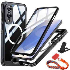 TEMU 갤럭시S25에지용 투명 3중 방수 케이스, 무료 스탠드 및 폰 랜야드 포함