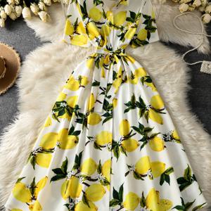 TEMU 여성용 빈티지 스타일 레몬 프린트 A라인 드레스 - 반팔, 허리끈, 흰색과 노란색 레몬과 초록색 잎, 여름에 이상적, 캐주얼한 이벤트, 캐주얼한 의상 | 꽃 프린트 드레스 | 와이드 칼라 디자인, 레몬 드레스
