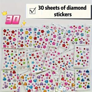 TEMU DIY 공예용 30개 미니 라인스톤 스티커 세트 - 자체 접착 모양(하트, 별, 꽃), 네일 아트 및 얼굴/몸 장식용 - 반짝이는 아크릴 라인스톤, 보석 만들기, 헤어 액세서리, 홈 크래프트 용품