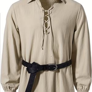 TEMU 남성 바이킹 중세 의상 셔츠, 검은 벨트 및 금색 체인 포함 - 레이스업 긴 소매, 스트레치되지 않는 원단, 바이킹 테마 파티, 바이킹 액세서리, 역사적인 의상, 세부 사항이 장식되어 있습니다.