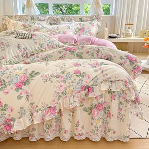 TEMU 3pcs 핑크 소형 꽃무늬 레이스 침구 퀼트 커버 세트, 침실에 적합, 수건이 줄어들지 않음, 매우 부드럽고, 모든 계절에 적합