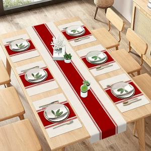 TEMU 5/7개 세트, 레드 앤 화이트 테이블 러너 및 4/6개 플레이스매트 세트 모던 드레서 스카프, 주방 다이닝 커피 테이블용 장식 테이블 커버 팜하우스 파티 웨딩