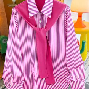 TEMU 플러스 사이즈 - 플러스 사이즈 - 플러스 사이즈 여성용 우아한 셔츠 - 긴 소매, 넥타이 버튼업, 블랙 & 화이트 수직 줄무늬, 비신축성 원단, 캐주얼 또는 드레스룩에 완벽, 다용도 패션 | 클래식 디자인 | 비신축성 소재, 레이디스 블라우스