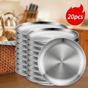 TEMU 20개 스테인리스 디저트 접시 세트, 20cm 실버 샐러드 플레이트, 한국식 바베큐 메인디쉬, 다용도 스낵 및 뼈 트레이, 식기세척기 안전, 파티 버펫 서빙웨어