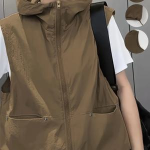 TEMU 여성용 캐주얼 지퍼업 후드 조끼 - 루즈핏 사계절 기계 세탁 가능 재킷, 우아한 스페셜 라인 시리즈, 하이 칼라 디자인, 텍스처 패브릭, 다목적 레이어링, 스타일리시 아우터웨어, 품질 좋은 포켓 자켓, 성인 여성용