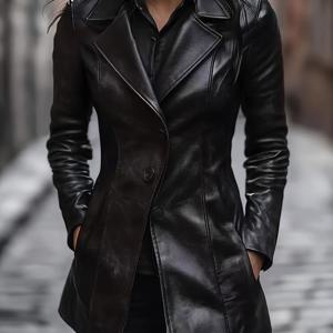 TEMU 여성용 슬림핏 인조 가죽 긴팔 - 캐주얼 시크 미드-길이 재킷, 버튼 프론트, 허리 집게 디자인, 솔리드 블랙, 가을/겨울용, 캐주얼 또는 드레스룩에 다재다능