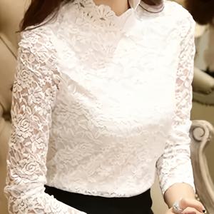 TEMU 여성용 컨트라스트 레이스 롱 슬리브 탑 - 슬림핏 스탠드 칼라 반투명 블라우스, 봄/가을 캐주얼 시크 셔츠, 솔리드 컬러 & 레이스 트림, 일본식 한국 스타일, 레이어링 패션, 우아한 넥라인, 섬세한 소재