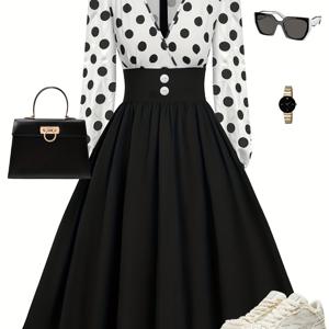 TEMU 여성용 우아한 딥 V넥 물방울 무늬 드레스, 대비 버튼 앞면 & 플레어 스커트 - 긴소매 핏 탑 & 플로이 A라인 스커트, 가을 겨울 오피스룩부터 파티룩까지, 긴팔 드레스, 시즌 패션, 구조적인 어깨